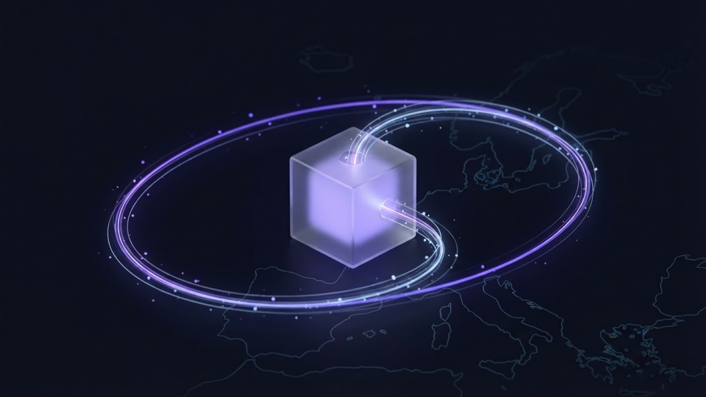 Flux de contexte réémis en boucle vers un cache, au-dessus d'une carte de l'Europe — l'inférence reste dans l'Union européenne