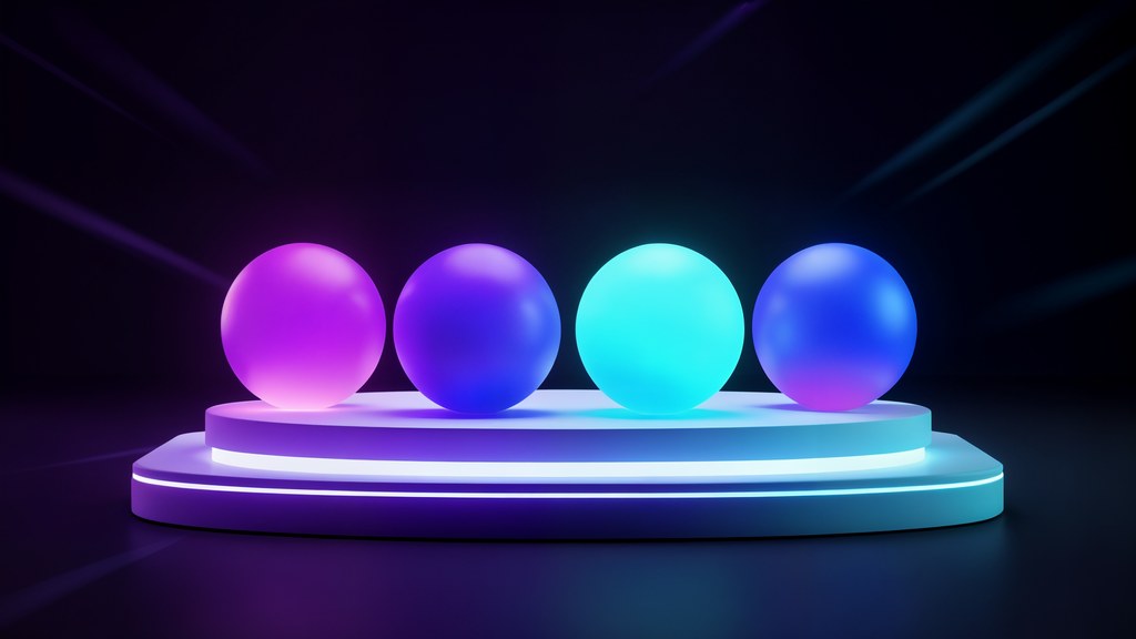 Quatre orbes lumineux classés sur un podium, symbolisant quatre modèles d'IA comparés sur le banc
